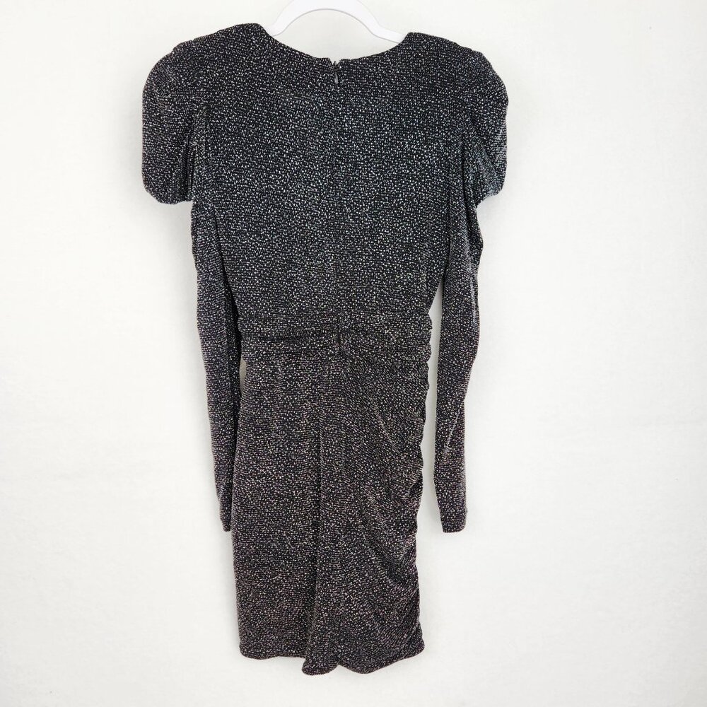 AQUA Metallic Ruched Faux Wrap Mini Dress Black Silver Puff Sleeve NWT Size 0 - Picture 4 of 8